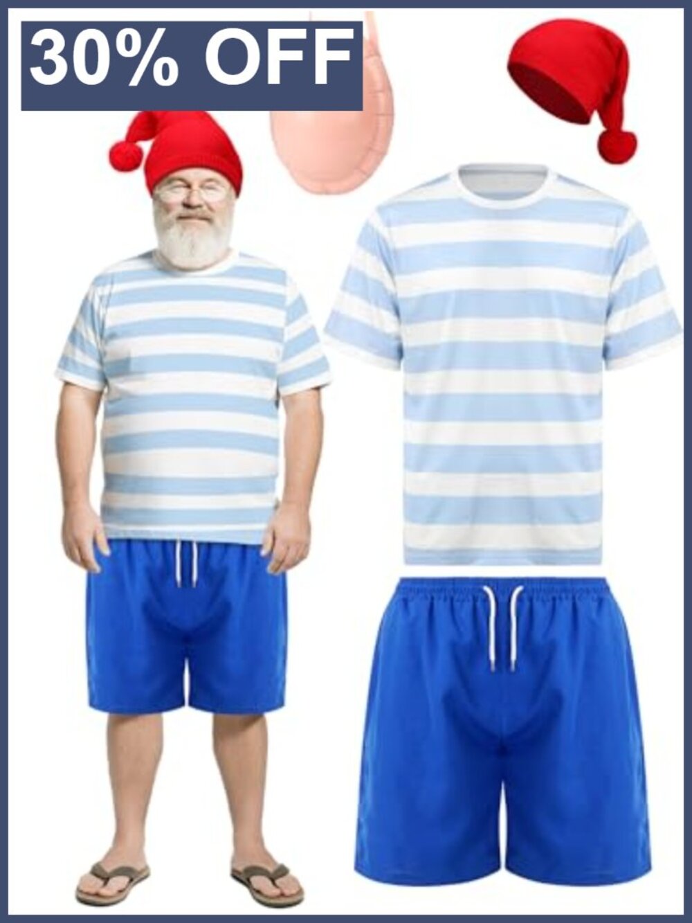 Men's Complete Santa Claus Cosplay Costume Set Striped Shirt Shorts Hat Glasses